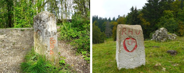 Deux bornes marquant la frontière de Divonne avec la Suisse : la borne du pont de Grilly et une borne en altitude.