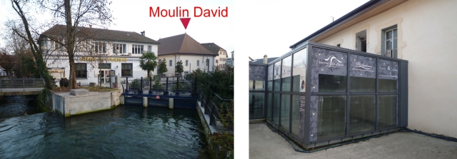 A l'arrière du Moulin David, la canal d'amenée d'eau et le caisson de verre qui abrite la turbine
