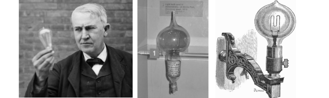 L'américain Thomas Edison perfectionne en 1879 l'ampoule inventée par Joseph Swan - A droite : une ampoule murale Maxim (1889)